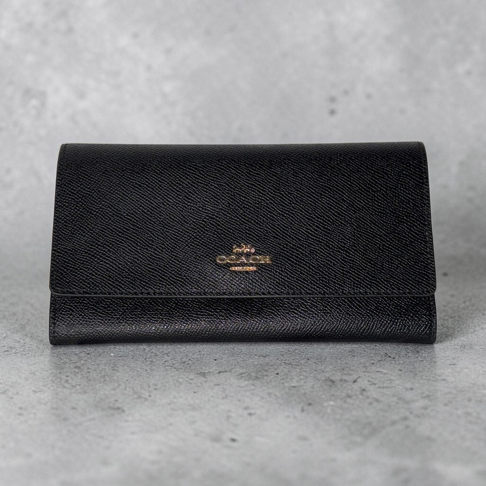 Coach Black Crossgrain Leather Trifold Checkbook Wallet Gold Hardware Excellent